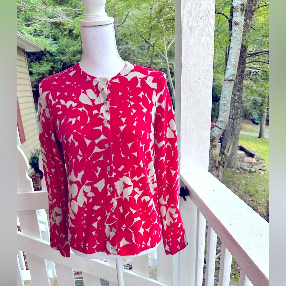 Liz Claiborne Coral Pink & Beige Leaf Print Cardigan M FREE SHIP